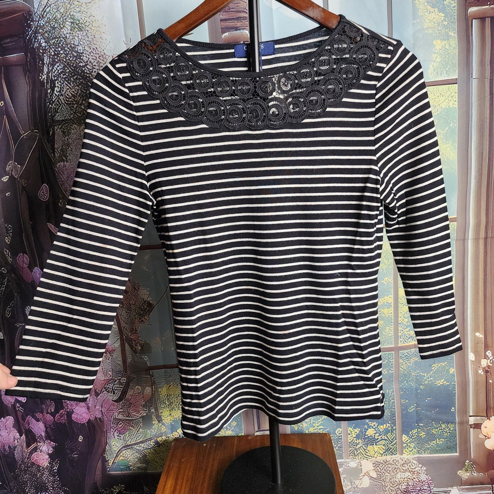 PS Black & White Striped with Lace Scoop Collar Top, by Chaps, 100% Cotton
